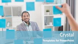  Presentation with workplace - Theme having while his colleague sticking notepaper background and a  colored foreground