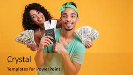  Presentation with young happy couple - PPT theme consisting of while holding bunch of money background and a gold colored foreground