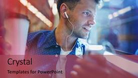  Presentation with man holding phone - Slide deck having while holding coffee in train background and a violet colored foreground