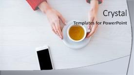  Presentation with tea cup - PPT theme with while holding cup of tea background and a sky blue colored foreground