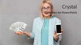  Presentation with aged - Theme featuring smiling middle-aged blonde woman in blouse and eyeglasses showing blank smartphone screen while holding money and looking at the camera over grey background background and a light gray colored foreground
