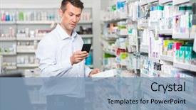  Presentation with information - Beautiful PPT theme featuring while holding product in pharmacy backdrop and a light blue colored foreground
