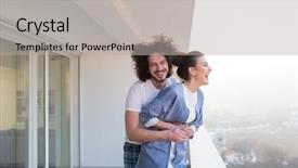  Presentation with sharing love - Beautiful PPT theme featuring while hugging on the balcony backdrop and a light gray colored foreground