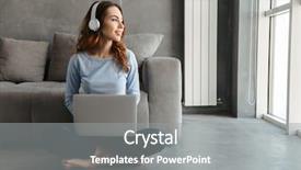  Presentation with listening woman - Slide set consisting of while leaning on a couch background and a gray colored foreground