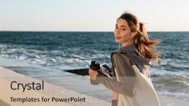  Presentation with water bottle - PPT theme consisting of while listening to music seaside background and a coral colored foreground