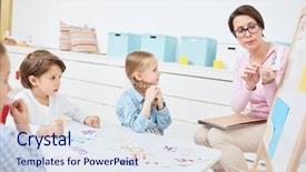  Presentation with english teacher - Presentation theme featuring while little kids training its background and a sky blue colored foreground
