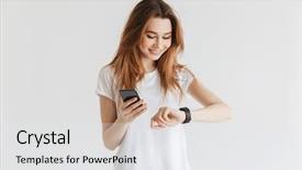  Presentation with clothing wooden clothes hanger object - Amazing theme having while looking at her wristwatch backdrop and a white colored foreground