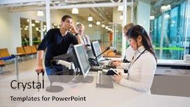  Presentation with passengers - Audience pleasing PPT theme consisting of staff examining passport while passengers backdrop and a soft green colored foreground