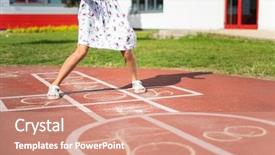  Presentation with kids playing - Colorful presentation design enhanced with while playing hopscotch at park backdrop and a coral colored foreground