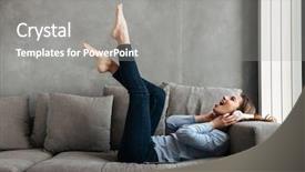  Presentation with listening woman - Cool new PPT layouts with while resting on a couch backdrop and a  colored foreground