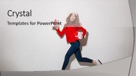  Presentation with full length portrait two men women brown sweater - Slide deck consisting of while running and looking away background and a light gray colored foreground