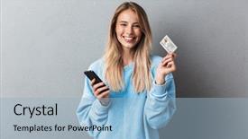  Presentation with mobile phone on car - Cool new PPT layouts with while showing plastic credit card backdrop and a light blue colored foreground