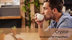  Presentation with coffee cup - PPT layouts with profile view of hipster man background and a coral colored foreground