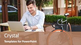  Presentation with cafe - PPT theme featuring while sitting at a cafe background and a coral colored foreground