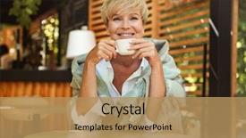  Presentation with cafe - Slide deck having while sitting at a cafe background and a coral colored foreground