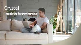  Presentation with greeiting show man - PPT theme with while sitting in living room background and a gray colored foreground