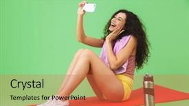  Presentation with green town cities - Presentation theme featuring while sitting on fitness mat background and a coral colored foreground