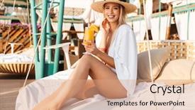  Presentation with happy image - PPT theme with while sitting on luxury bed background and a coral colored foreground