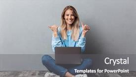  Presentation with happy young student girl holding - Amazing slides having while sitting with legs cross backdrop and a gray colored foreground