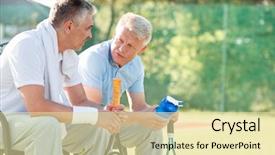  Presentation with mature students sitting at desks - Presentation design featuring while sitting with tennis rackets background and a blonde colored foreground