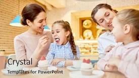  Presentation with young mothers - Colorful presentation enhanced with one of young mothers feeding her daughter with dessert while spending leisure in cafe with their friends backdrop and a lemonade colored foreground