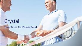  Presentation with shaking hands - Amazing slide set having while standing by tennis net backdrop and a sky blue colored foreground