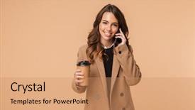  Presentation with arabian woman wearing hijab muslim - Slides having while standing isolated over beige background and a coral colored foreground