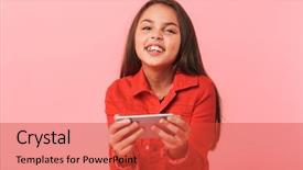  Presentation with teen girl tech - Theme consisting of while standing isolated over red background and a  colored foreground