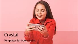  Presentation with teen girl tech - PPT layouts having while standing isolated over red background and a red colored foreground
