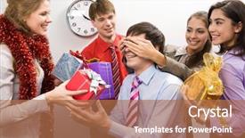  Presentation with cheerful - Theme featuring while their colleagues preparing gift background and a coral colored foreground