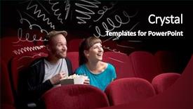 Presentation with popcorn movie - Cool new PPT layouts with young cute couple sitting in cinema and eating popcorn while watching movie with doodle graphics backdrop and a tawny brown colored foreground