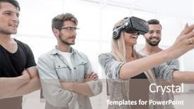  Presentation with virtual reality - Beautiful presentation theme featuring while wearing virtual reality glasses backdrop and a gray colored foreground