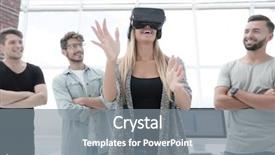  Presentation with smiling little girl - Presentation with while wearing virtual reality glasses background and a  colored foreground