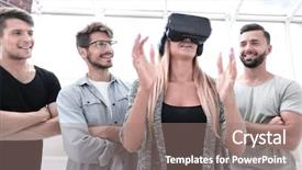  Presentation with smiling little girl - Slide deck with while wearing virtual reality glasses background and a gray colored foreground