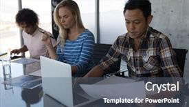  Presentation with front office - Slide deck featuring while working hard at table background and a gray colored foreground