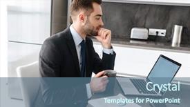  Presentation with paper imaging - Presentation design with statistics flat - image of brunette businessman 30s background and a ocean colored foreground