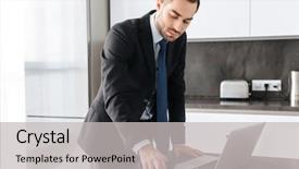  Presentation with paper imaging - Slide set having statistics flat - image of successful businessman 30s background and a light gray colored foreground