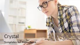  Presentation with student - Colorful presentation theme enhanced with while working on research project backdrop and a  colored foreground