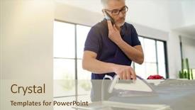  Presentation with ironing - Slides consisting of whilst ironing shirt at home background and a  colored foreground