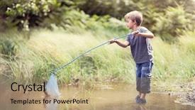  Presentation with fishing net - Cool new PPT theme with whimsical - boy in a pond backdrop and a coral colored foreground
