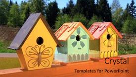  Presentation with colorful - Audience pleasing PPT layouts consisting of whimsical - collection of colorful wooden birdhouses backdrop and a gold colored foreground