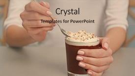  Presentation with falling spoon - Beautiful presentation theme featuring woman eating chocolate mousse with spoon on table backdrop and a coral colored foreground