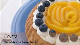  Presentation with blueberry - Presentation having whipped cream peach and blueberry sponge flan background and a coral colored foreground