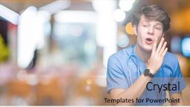  Presentation with medical robot hand and doctor - Amazing presentation design having whisper - young doctor wearing medical uniform backdrop and a coral colored foreground