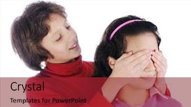  Presentation with eyes - Theme consisting of whisper game - girl covering a girls eyes background and a crimson colored foreground