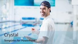  Presentation with trainer - PPT theme with whistle - smiling trainer holding clipboard background and a light blue colored foreground