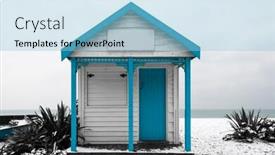  Presentation with white snow - Cool new PPT theme with white and blue shed on a snow covered beach backdrop and a light blue colored foreground