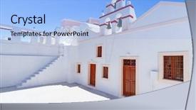  Presentation with santorini - Amazing PPT layouts having white architecture of oia village backdrop and a light blue colored foreground