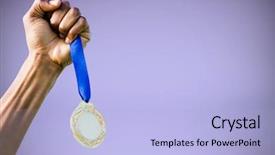  Presentation with silver purple - Audience pleasing presentation theme consisting of hand holding a silver medal on white background against purple background backdrop and a light blue colored foreground