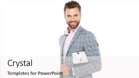  Presentation with man looking up happy - Presentation enhanced with white background and holding gazette background and a white colored foreground